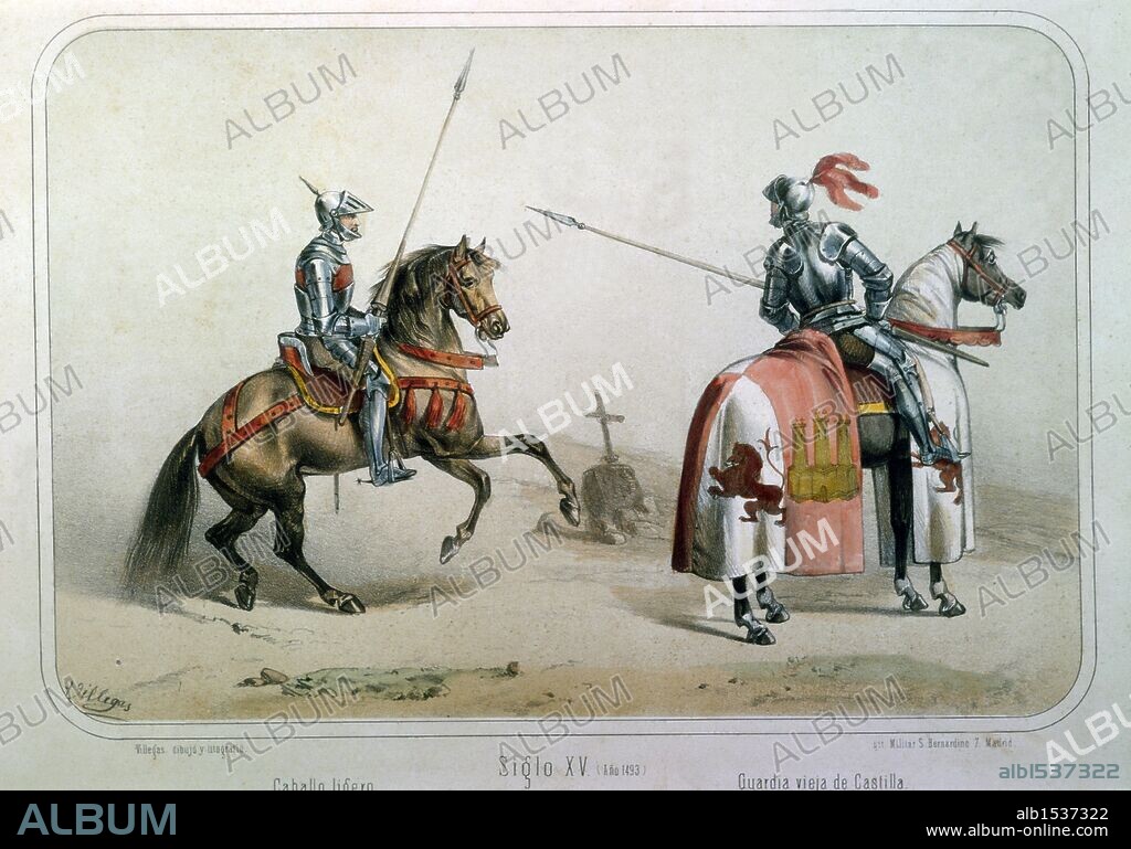 Edad Media. Reinado de los Reyes Católicos. Caballo ligero y Guardia vieja de Castilla. Dibujo de Villegas. Lámina número 12 del ALBUM DE LA CABALLERIA ESPAÑOLA del Teniente General Conde de Clonard. Litografía Militar, Madrid, año 1861.