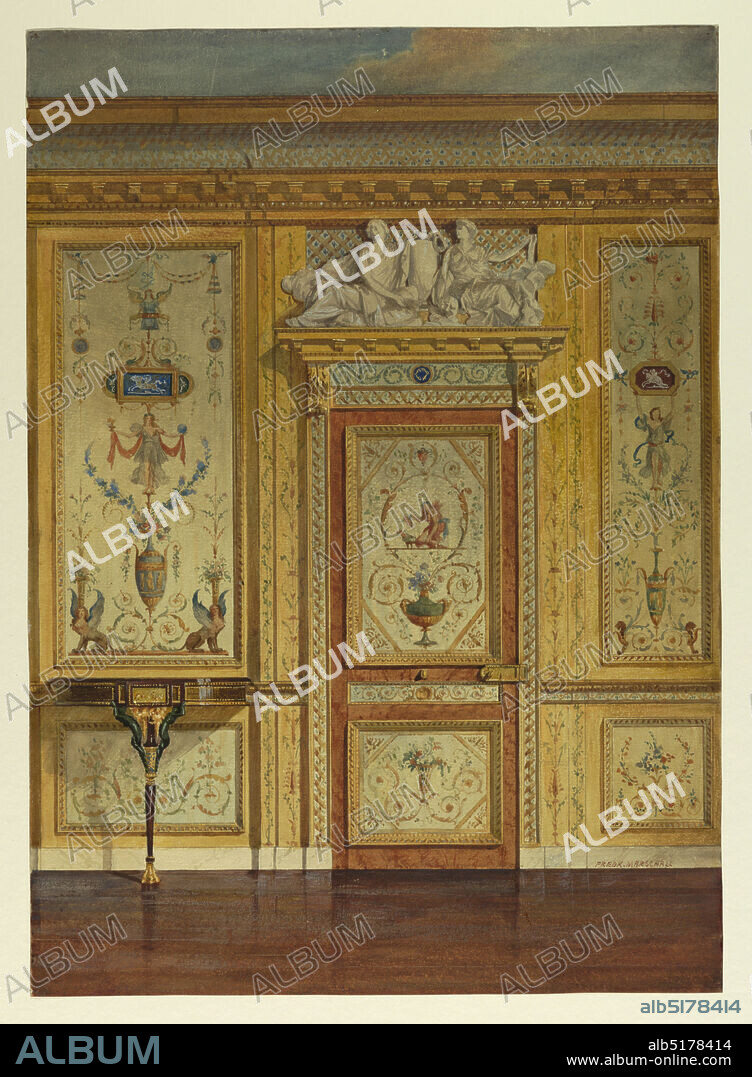 Section of wall, bedroom of Marie Antoinette, Palace of Fontainebleau, France, Frederick Marschall, Brush and watercolor, tempera on heavy paper, Section of wall, with painted panels of small-scale motifs of foliage, figures, sphinxes, in the antique manner. Doorway with painted panels and overdoor of two reclining female figures in bold relief. Left, console table., USA, ca. 1885, interiors, Drawing, Drawing.