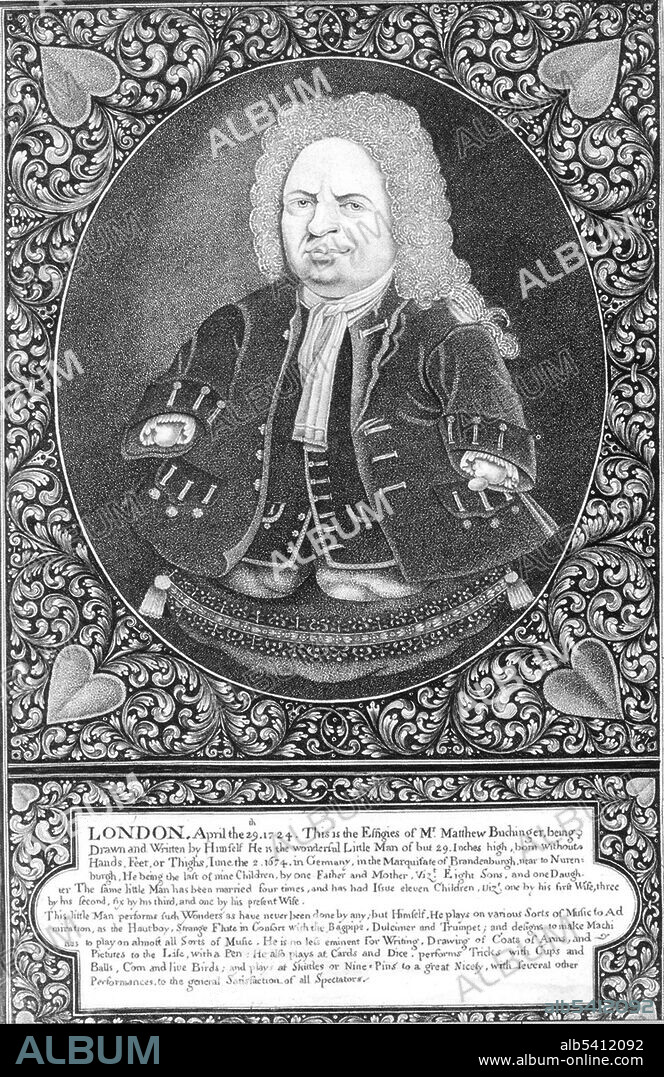 Matthias Buchinger (1674 - 1740), sometimes called Matthew Buckinger in English, was a phocomelic German artist, magician, calligrapher, and performer who was born without hands or feet and was 29 inches tall. Buchinger was especially noted for his micrography, in which illustrations consist of very small text. This engraving, a self-portrait, is so detailed that the curls of his hair contain seven biblical psalms and the Lord's Prayer inscribed in miniature letters. Buchinger was married four times and had at least 14 children (by eight women).