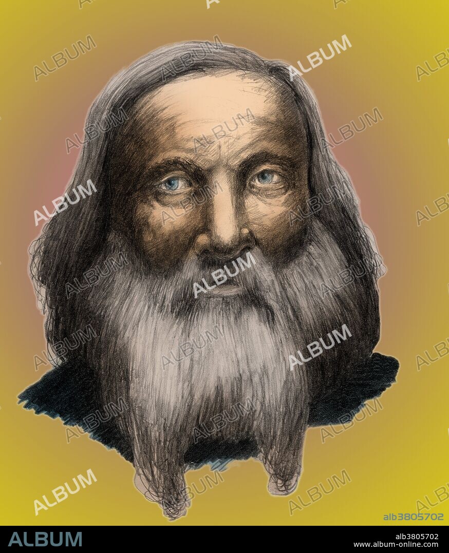 Illustration of Dmitry Ivanovich Mendeleyev (1834-1907), Russian chemist. Mendeleyev (or Mendeleev) was initially an indifferent student, but left college at the top of his class. After attending the 1st Karlsruhe Congress (1860), Mendelayev worked on organizing trends in atomic weights and valency. From this, he developed the first true periodic table of the elements (final version published in 1871). This contained some gaps, but as new elements were discovered to have the properties predicted by the table, Mendeleyev became famous worldwide.