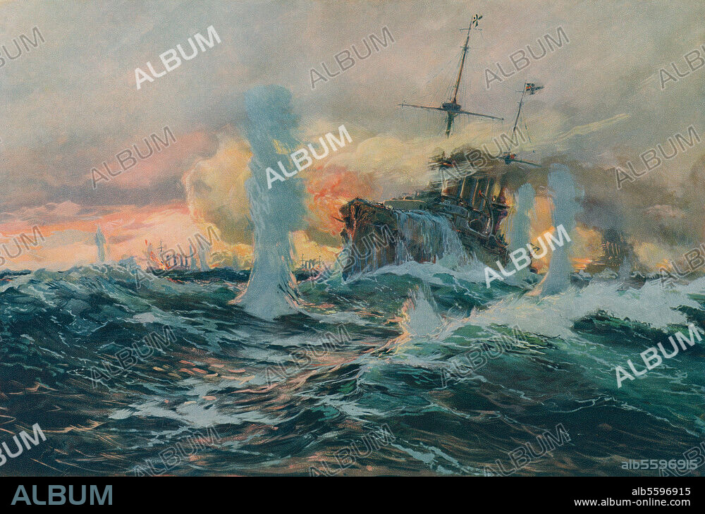 1. Weltkrieg / Seekrieg: Seegefecht bei Coronel (Chile), 1. November 1915 (Sieg eines dt. Kreuzergeschwaders unter Vizeadmiral Graf v. Spee über ein engl. Geschwader unter Konteradmiral Cradock). Cradock). "S.M.Kr. Scharnhorst und Gneisenau". Aquarell, zeitgenössisch, von Hans Bohrdt (1857-1945).