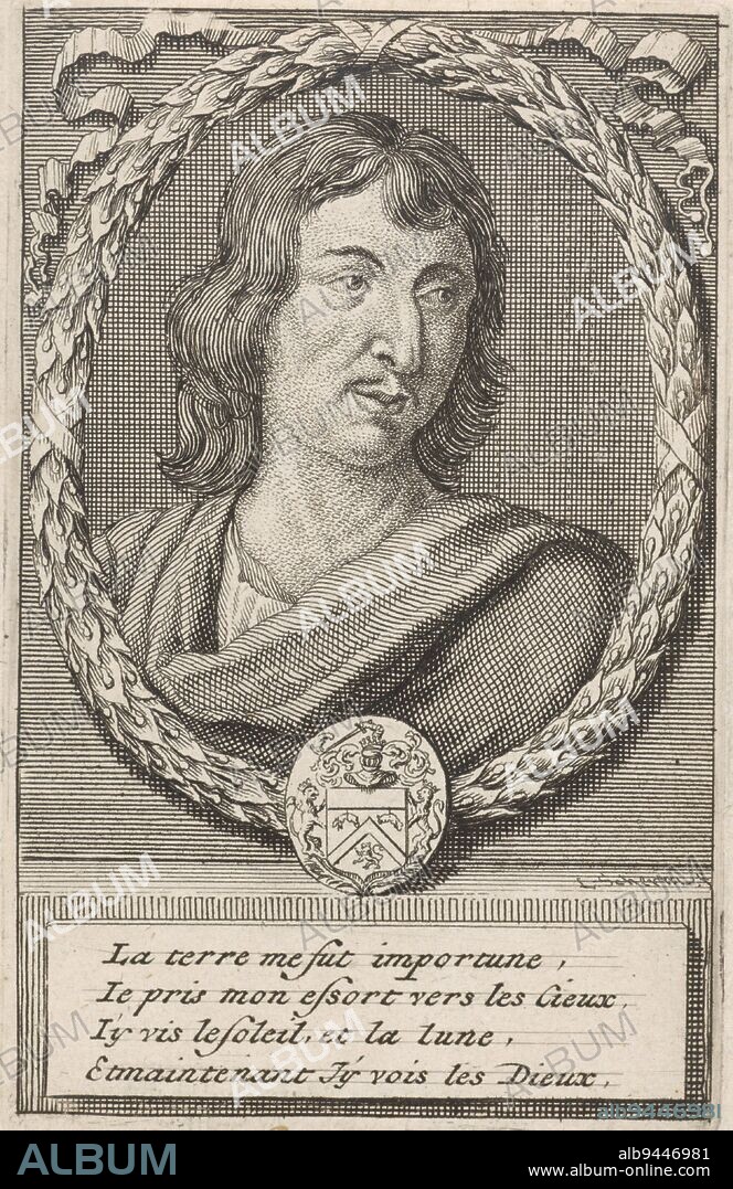 Portrait of Cyrano Bergerac, Laurens Scherm, 1689 - 1701, Bust to the right of Hercule-Savinien de Cyrano de Bergerac. Around the portrait a laurel wreath with a coat of arms. Below the portrait a four-line poem in French., print maker: Laurens Scherm, (mentioned on object), Amsterdam, 1689 - 1701, paper, etching, h 120 mm × w 76 mm.