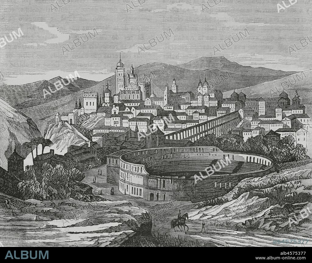 Spain, Segovia. General view of the city. Engraving. Cr—nica General de Espa–a, Historia Ilustrada y Descriptiva de sus Provincias. Castilla-La Vieja, 1870.