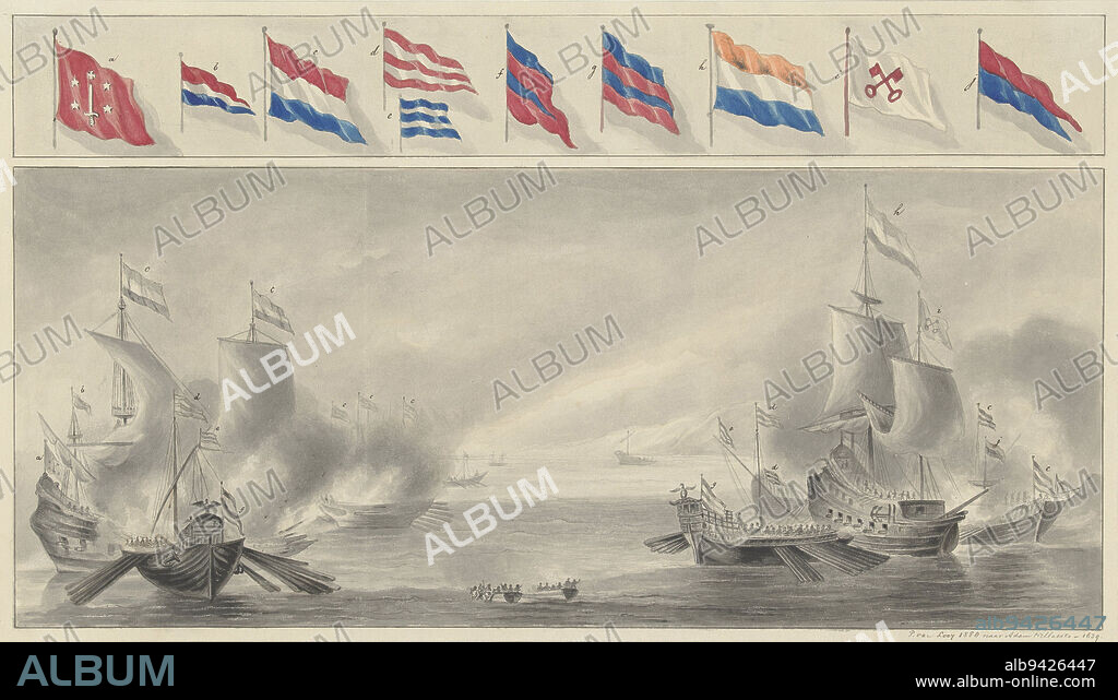 Naval battle between Dutch ships and Spanish galleys, 1602 or 1603, Pieter van Looy, after Adam Willaerts, 1880, Naval battle between Dutch ships and Spanish galleys, 1602 or 1603. Representation the naval battle between the State squadron led by Vice Admiral Jacob van Duivenvoorde, Lord of Obdam, and the Spanish galleys in the English Channel on October 3, 1602, or of the naval battle off the coast at Sluis in which the eight Spanish galleys under Federico Spinola are defeated by the State fleet of three ships and two galleys under Joos de Moor, May 26, 1603. Some of the galleys are on fire. Flags of ships (including Haarlem, Leiden) are indicated by letters and shown at the top in color., draughtsman: Pieter van Looy, (signed by artist), after: Adam Willaerts, (mentioned on object), Netherlands, 1880, paper, pen, brush, h 288 mm × w 500 mm.