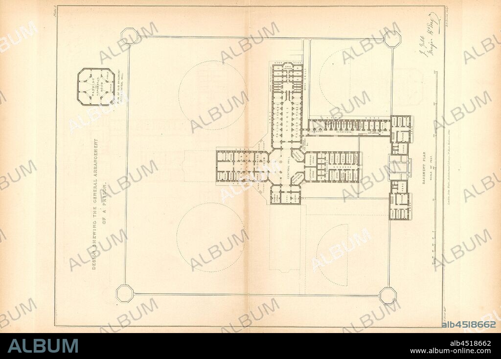 Design shewing the general arrangement of a prison: Plan of Sub Basement under Central Hall, Ground plan of a prison in the basement after Joshua Jebb, signed: C.E.A. Blair del, R. Davies sculp, Pl. 2, after p. 24, Blair, C. E. A. (del.); Davies, Benjamin Rees (sc.), J. Jebb: Modern prisons: their construction and ventilation. London: John Weale, 1844.