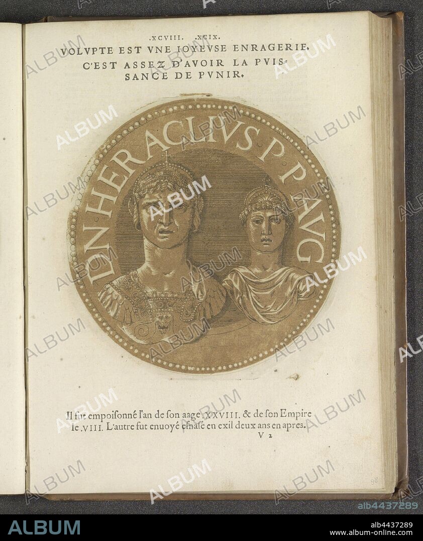 Portraits of Emperor Heraklonas and his mother Martina Les images presque de tous les empereurs (series title), Portraits of Emperor Heraklonas and his mother Martina, together on a coin with an inscription. The print is part of a book about the emperors from Julius Caesar to Charles V and his brother Ferdinand, emperor, Heraklonas (emperor of the Roman Empire), Joos Gietleughen, Antwerp, 1557 and/or 1559, paper, letterpress printing, h 179 mm × w 177 mm.