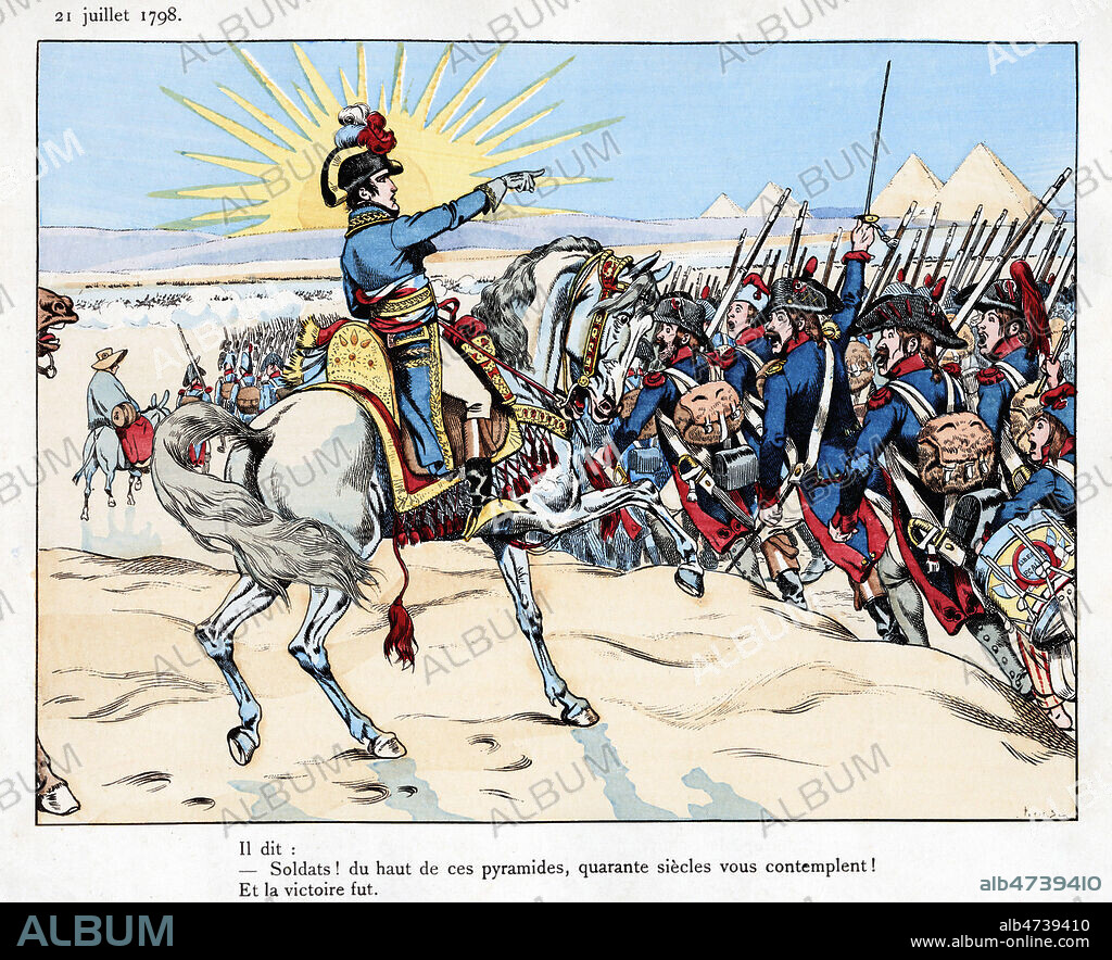 Soldats, du haut de ces pyramides, quarante siecles vous contemplent (31 juillet 1798). illustration vers 1893 par JOB (1858-1931) pour Le grand Napoleon des petits enfants par Jules de MARTHOLD (1847-1927). Credit : Coll. Jonas/KHARBINE-TAPABOR.