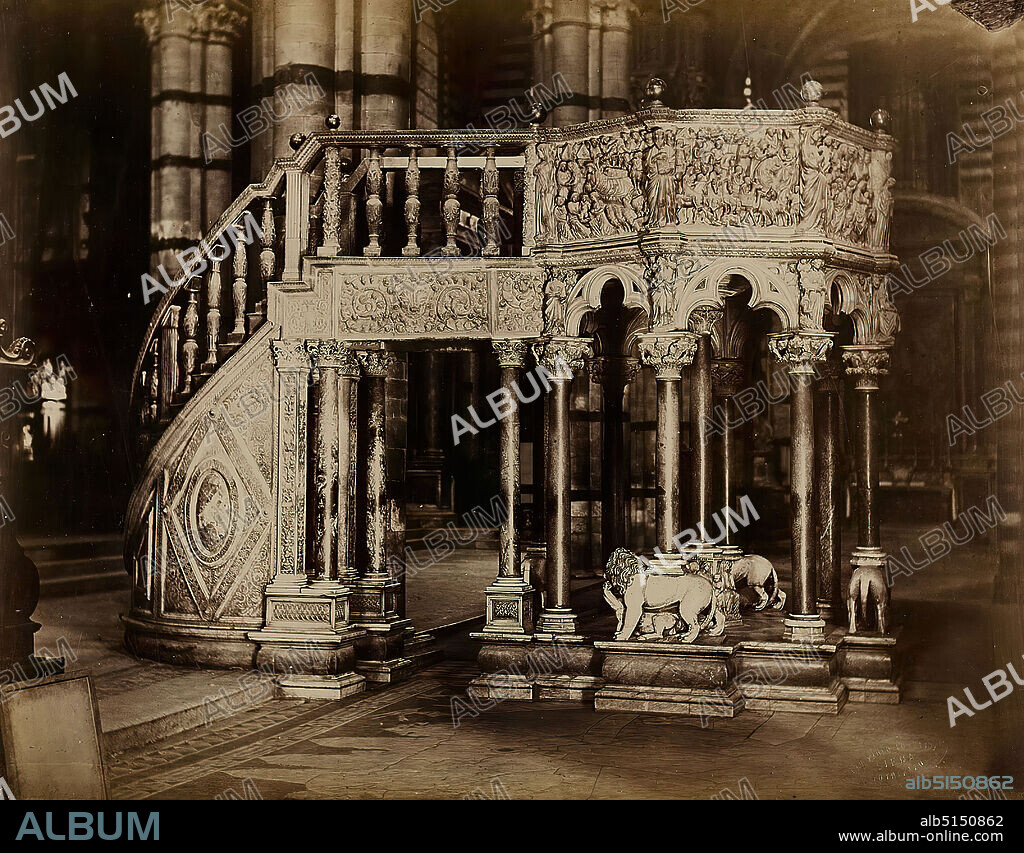 Paolo Lombardi, The marble pulpit in the cathedral of Siena, albumin paper, black and white positive process, sheet size: height: 19.6 cm; width: 25.4 cm, stamp engraving, blind stamp: Cav. Paolo Lombardi, Siena, Photografo, inscribed: recto on the cardboard: pulpit made of marble by, Nicola Pisano 1268th, Cathedral in Siena, architectural photography, pulpit, ambo, church equipment, sculpture, sculpture, sculpture art, animals as ornament.