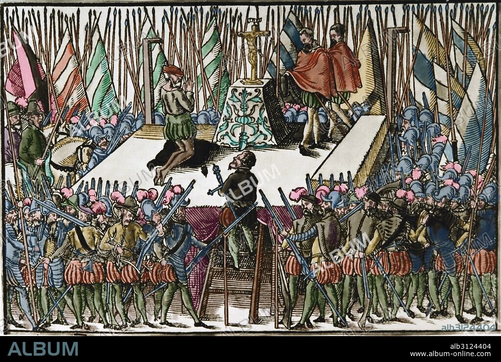 GUERRAS DE RELIGION. FRANCIA. SIGLO XVI. "EJECUCION DE LOS CONDES DE EGMONT Y DE HORNES", héroes de la resistencia belga frente al ejército español, por orden del duque de Alba en 1568. Grabado coloreado del siglo XVI.
