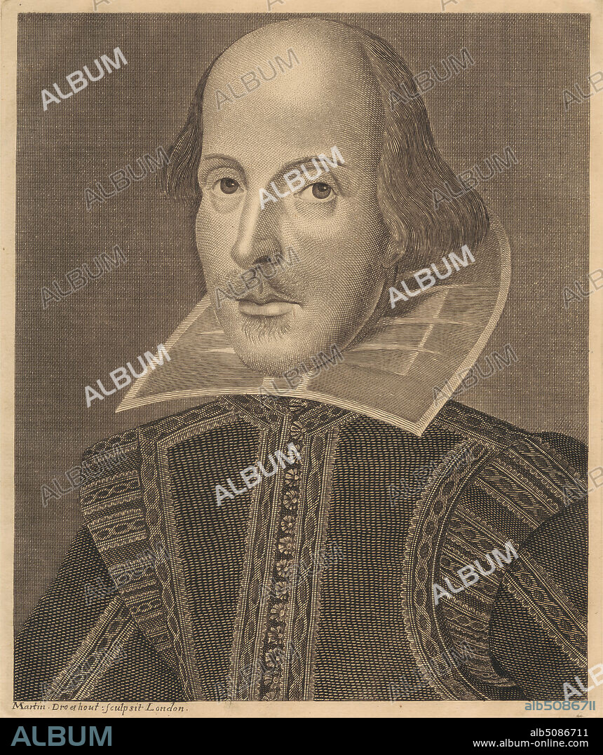 William Shakespeare, Print made by Martin Droeshout the younger, 1601after 1650, British, 1632, Line engraving on medium, slightly textured, cream laid paper.