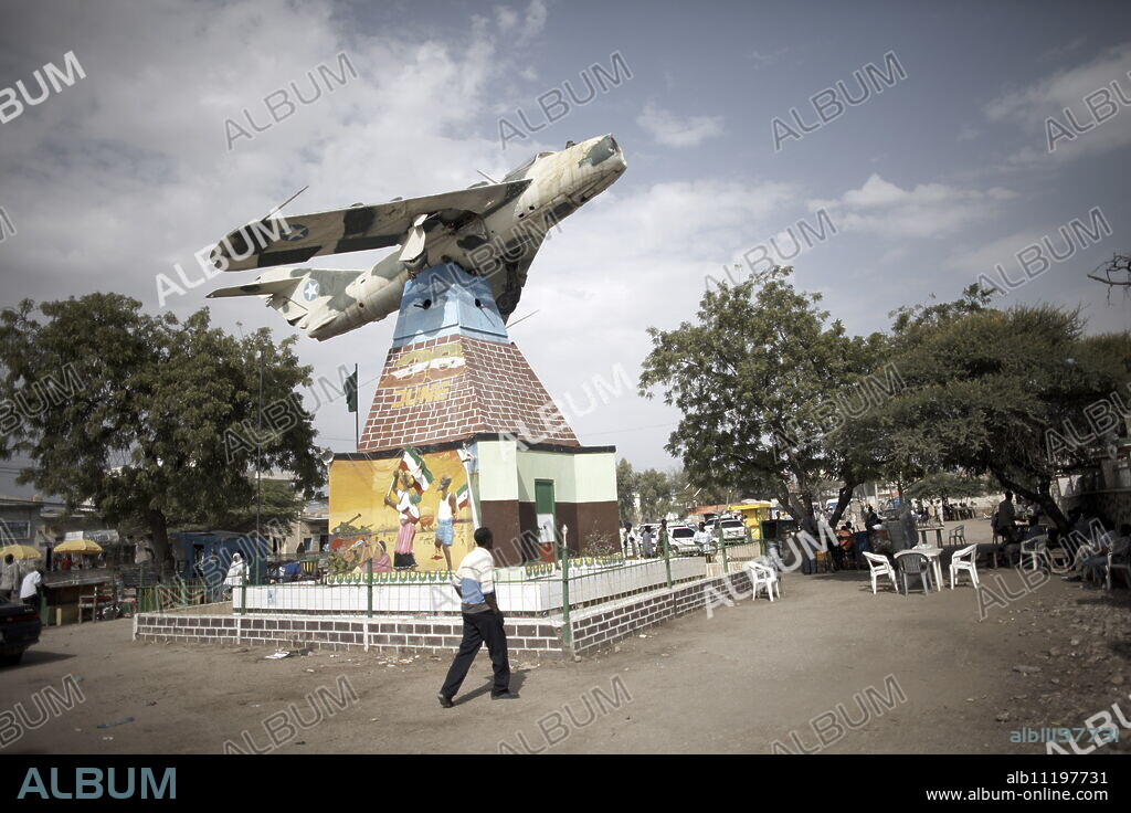 A Somali Air Force MiG jet used to bomb Hargeisa stands as a memorial in the center of Hargeisa city, capital of Somaliland, Somalia, Africa.