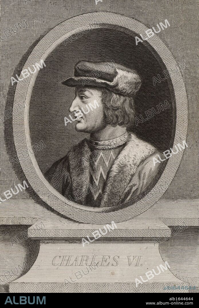 Charles VI (1368-1422) King of France from 1380,  known as The Foolish, he became deranged in 1392. Father of Catherine of Valois, queen of Henry V of England. Copperplate engraving, 1793.  (Photo by: Universal History Archive/UIG via Getty Images).