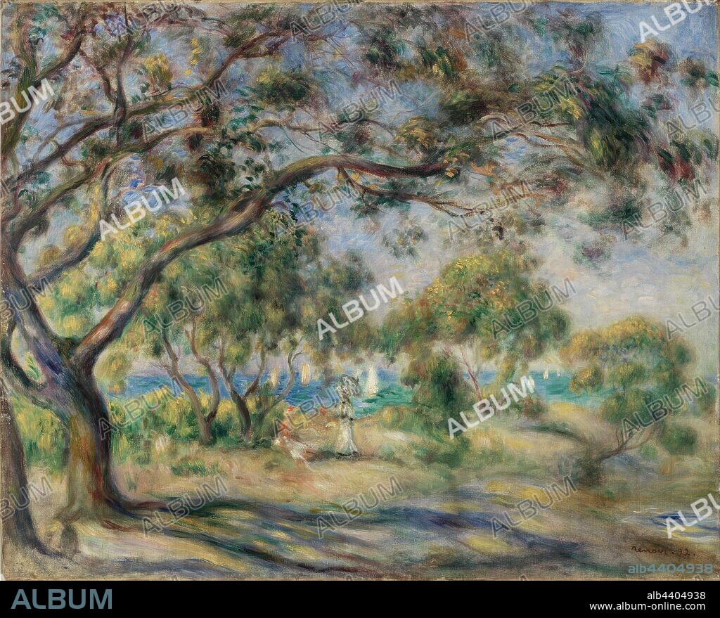 Pierre-Auguste Renoir: Bois de la Chaise (Noirmoutier), Pierre-Auguste Renoir, 1892, Oil on canvas, Renoir visited Noirmoutier, an island off the west coast of France, in September 1892. This painting depicts the Bois de la Chaise, an area on the nothernmost part of the island renowned for its picturesque vistas of the sea seen through the pines. The Bois was also the site of villas and chalets for aristocratic visitors., Overall: 25 13/16 x 31 7/8 in. (65.5 x 81 cm).
