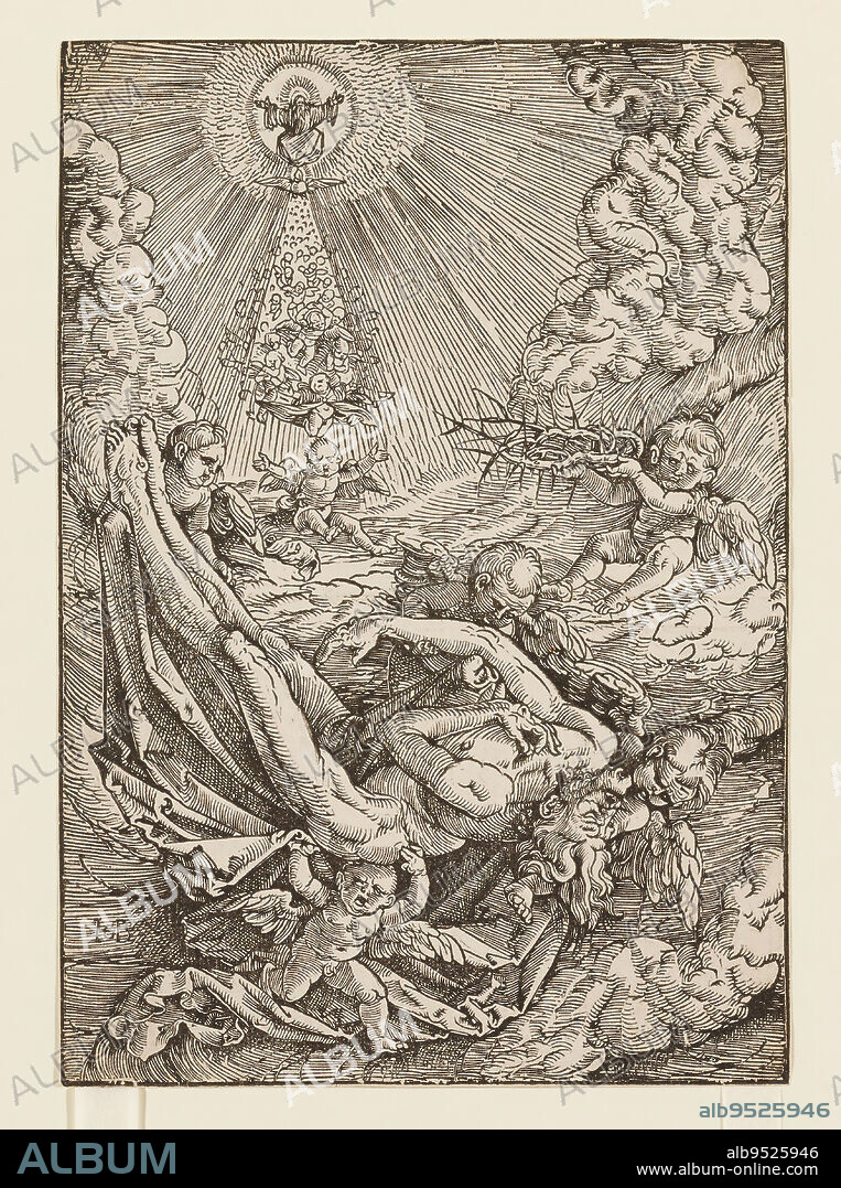 Christ Born to Heaven by Angels, 1516, Hans Baldung (Grien), German, 1484/851545, 8 3/4 x 6 1/16 in. (22.23 x 15.4 cm) (image)19 3/4 × 15 3/4 × 1 1/8 in. (50.17 × 40.01 × 2.86 cm) (outer frame), Woodcut, Germany, 16th century.