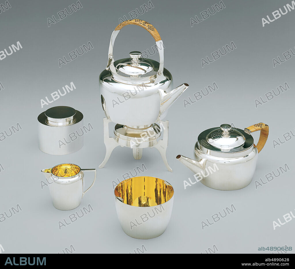 Christopher Dresser, Traveling tea set, British, Birmingham, for the firm of Hukin & Heath (British, Birmingham, 18551953), ca. 1879, British, Birmingham, Gilt and silver-plated brass; split bamboo; leather covered wood with velvet on the underside and glazed cotton linings, Height (tea kettle): 4 3/8 in. (11.1 cm), Height (spirit lamp): 1 3/8 in. (3.5 cm), Height (stand): 3 3/8 in. (8.6 cm), Height (teapot): 3 1/2 in. (8.9 cm), Height (sugar bowl): 2 1/8 in. (5.4 cm), Height (milk jug): 2 in. (5.1 cm), Height (tea caddy): 2 3/8 in. (6 cm), Metalwork-Silverplate.