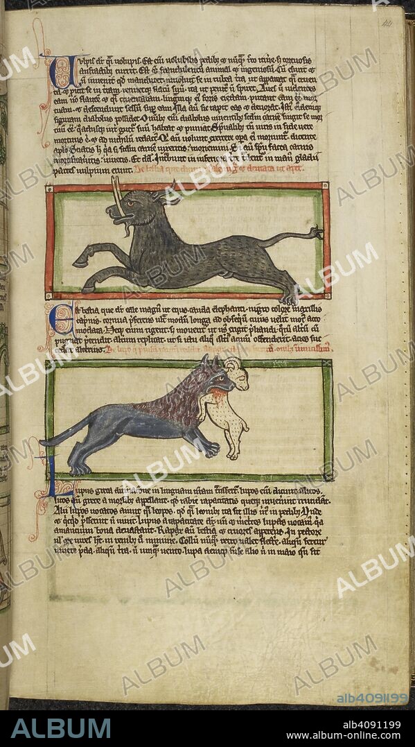 PERALDUS. Miniatures of an animal, and a wolf with a ram in its mouth. Theological miscellany, including the Summa de vitiis. England; 2nd or 3rd quarter of the 13th century, after c. 1236. Source: Harley 3244, f.44. Language: Latin.