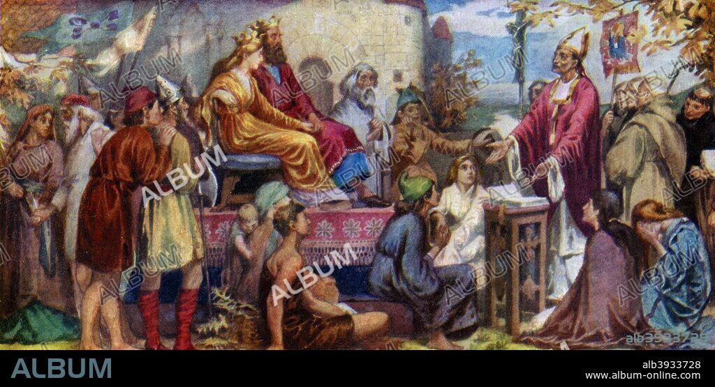 'Augustine Preaching to Ethelbert and Bertha', 1925. From Highroads of History', book II: Stories from British History, published by Thomas Nelson and Sons (London, Edinburgh, New York, 1925).
