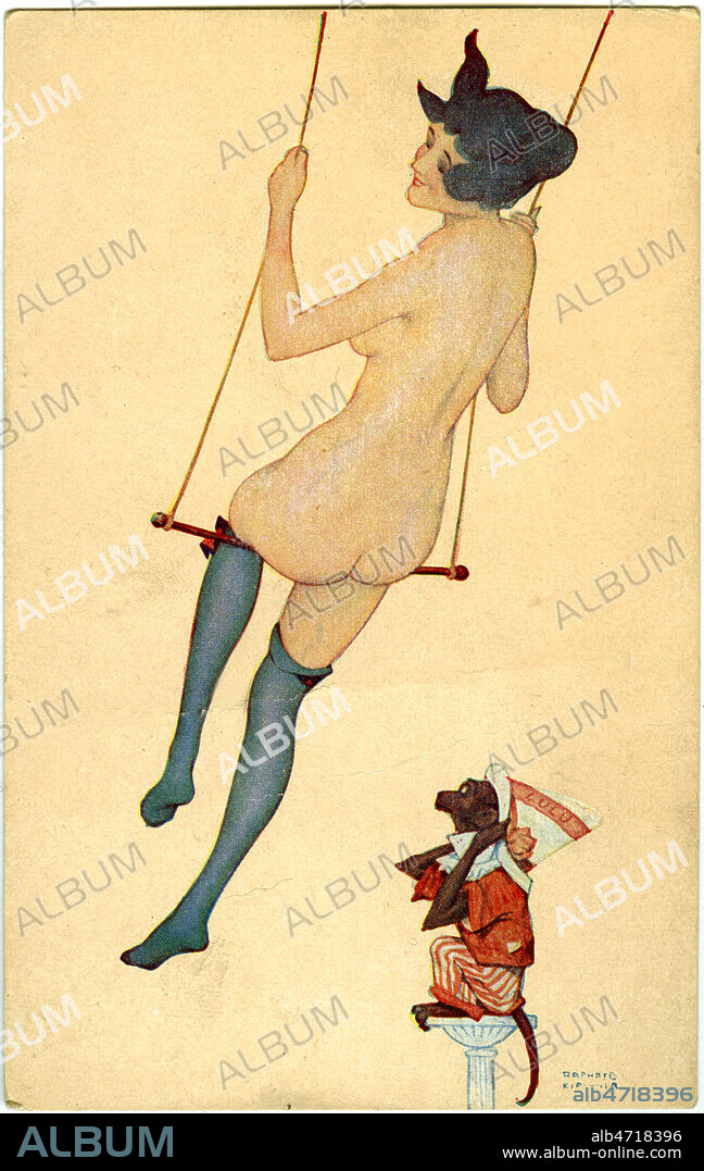 Raphaël KIRCHNER 1876-1917-Carte postale titrée " Lulu".Femme nue avec bas de dos sur une escarpolette.Neudin Illustrateurs B 10 ( série 5-1). Carte postale . Credit Collection JEAN VIGNE/KHARBINE TAPABOR.