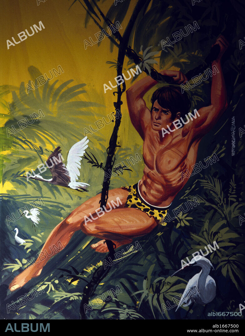 Tarzan swinging on liana, illustration.