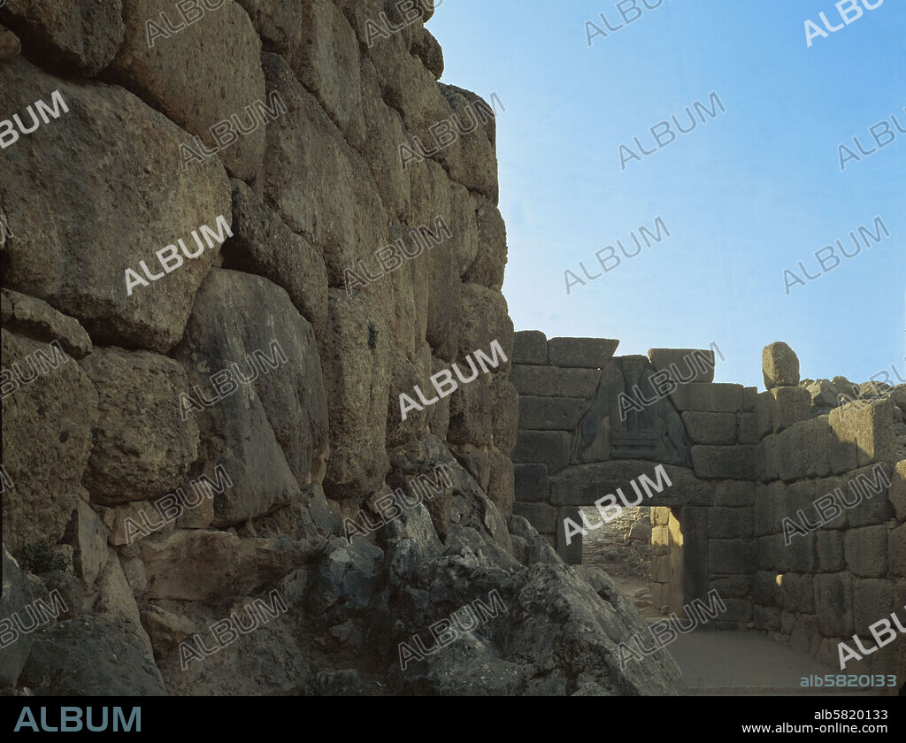 City Wall and Lions' Gate, Mycenae. The wall encloses the acropolis (city-fortress) of the mythical Atrides family, of Agamemnon, Klytaemnestra, and Orestes.