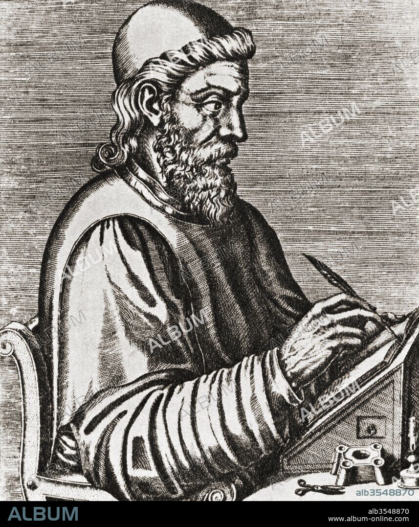 Bede, 672/673 – 735, aka Saint Bede or the Venerable Bede. English monk. After the engraving from André Thevet's Portraits et Vies des Hommes Illustres, 1584. From Impressions of English Literature, published 1944.