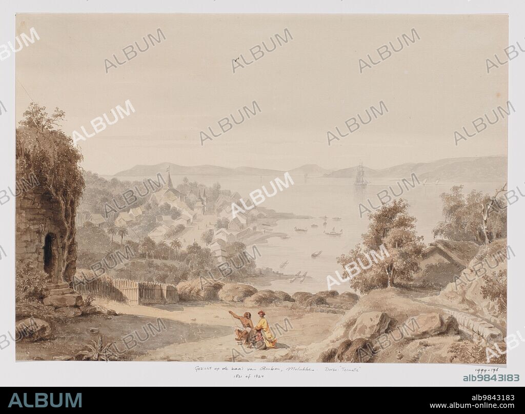 ADRIANUS JOHANNES BIK. View of Ternate and the roads, the west coast of Halmahera, North Moluccas, 1821. Jailolo in the distance. In the foreground two seated men, one holds the rope of a kite. View from the height of Kayu Merah (dilapidated fort on the left) south of the settlement, looking at the main street and the house of the sultan of Ternate opposite the harbour.