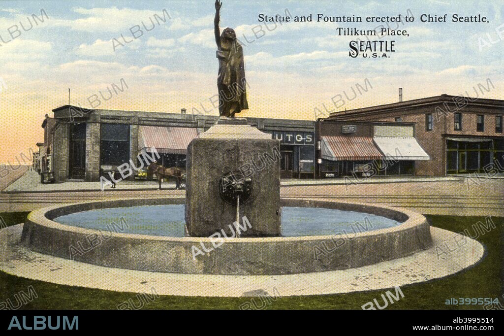 Statue and fountain dedicated to Chief Seattle, Tilikum Place, Seattle, Washington, USA, 1913. Vintage postcard. Seattle (c1780-1866) was a Duwamish chief who pursued a course of accommodation with the white settlers arriving in Washington.