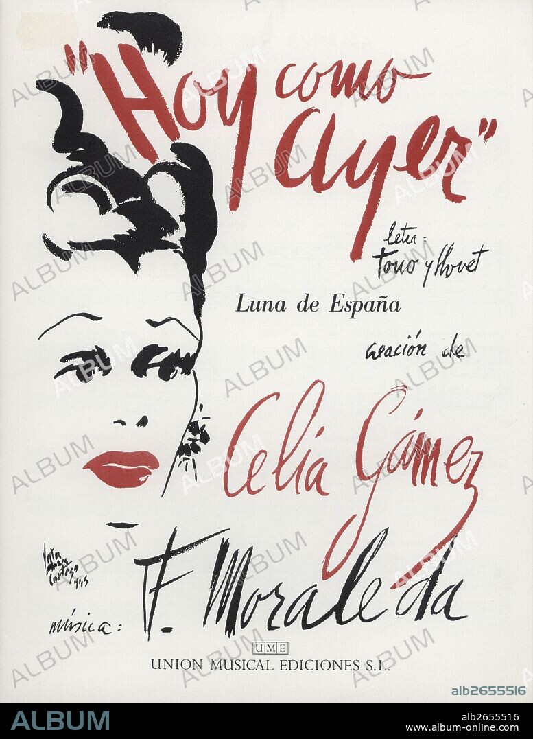 Partitura musical del pasodoble "Luna de España", creación de Celia Gámez, música de F. Moraleda. Madrid, 1951.