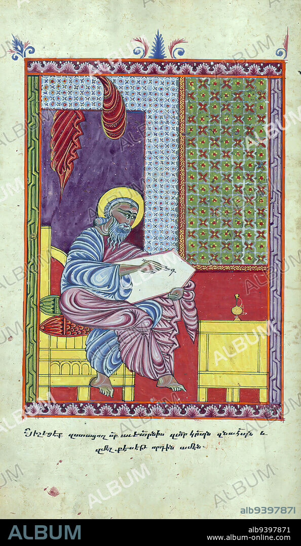 Gospels, Evangelist Portrait of Matthew, This Armenian Gospel book was produced in 904 of the Armenian era (1455 CE) at the monastery of Gamail in Xizan by the scribe Yohanns Vardapet, son of Vardan and Dil¨at, and was illuminated by the priest Xaatur. The priest Pilipos commissioned the manuscript as a memorial to himself, his parents azar and Xutlumlik. Pilipos is depicted alongside his brothers Yusp and Sultan¨a, as they kneel before the Virgin and Child enthroned (Theotokos). The book contains 26 full-page polychrome miniatures, including 4 Evangelist portraits; ornately-designed canon tables; 4 decorated incipit pages; numerous marginal miniatures of floral and faunal motifs; and 19 marginal miniatures of biblical characters or allusions to biblical narratives.