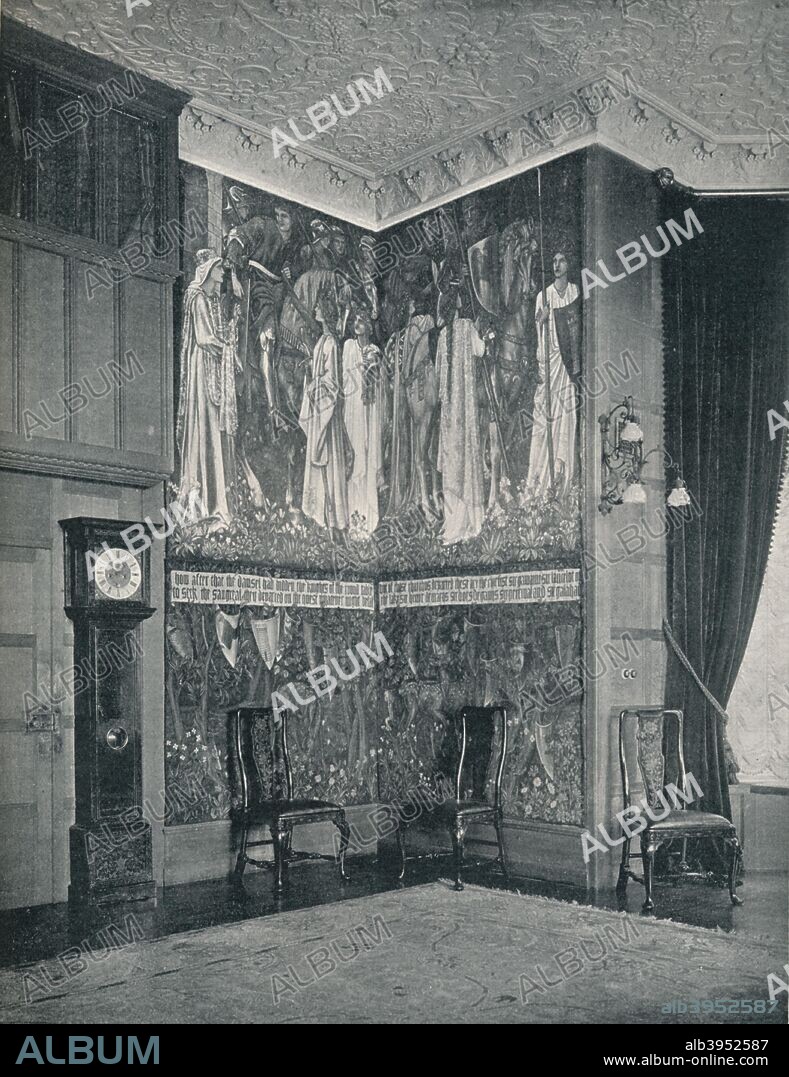 'Arras Tapestry at Stanmore Hall', 1898-9. The Holy Grail or San Graal tapestries are a set of six tapestries depicting scenes from the legend of King Arthur and the quest for the Holy Grail. They were commissioned from Morris & Co. by William Knox D'Arcy in 1890 for his dining room at Stanmore Hall. Here we see the tapestry known as The Arming and Departure of the Knights. From The Studio Volume 15. [London Offices of the Studio, London, 1898-9].
