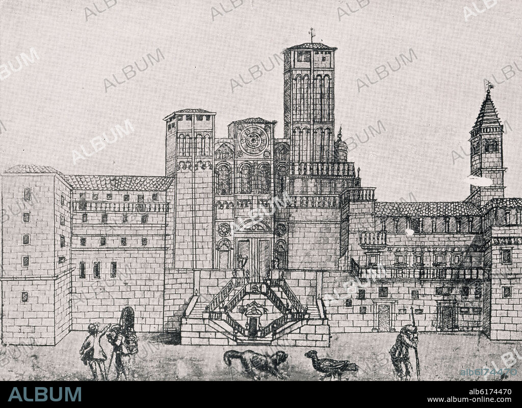 JOSE VEGA Y VERDUGO (1623-1696). GRABADO-ESTADO DE LA FACHADA DEL OBRADOIRO DE LA CATEDRAL DE SANTIAGO ANTES 1657"DEL INFORME".