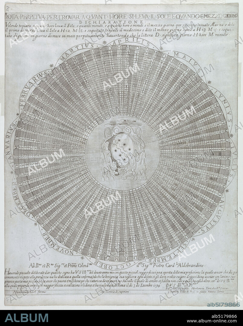 Perpetual Calendar, Ortensio Toro, Italian, active 16th century, Giovanni Battista De Rossi, Italian, ca. 1601 - 1678, Nicolaus van Aelst, Flemish, ca. 1527 - 1613, Engraving on laid paper, Circular table, with the arms of Cardinal Ippolito Aldobrandini in center. At top, title and description, and at bottom, dedication, date and author's and publisher's names., Rome, Italy, 1594, ornament, Print, Print.