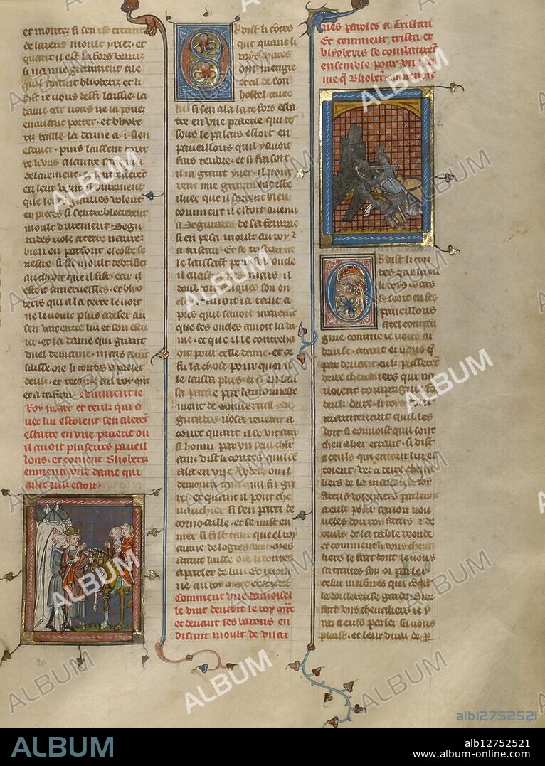 King Mark of Cornwall Speaking to Blioberis: Sword Fight between Tristan and Blioberis; Roman du Bon Chevalier Tristan, Fils au Bon Roy Meliadus de Leonois, about 1320-1340. Page from a book based on the medieval chivalric romance of Tristan and Iseult, also known as Tristan and Isolde.