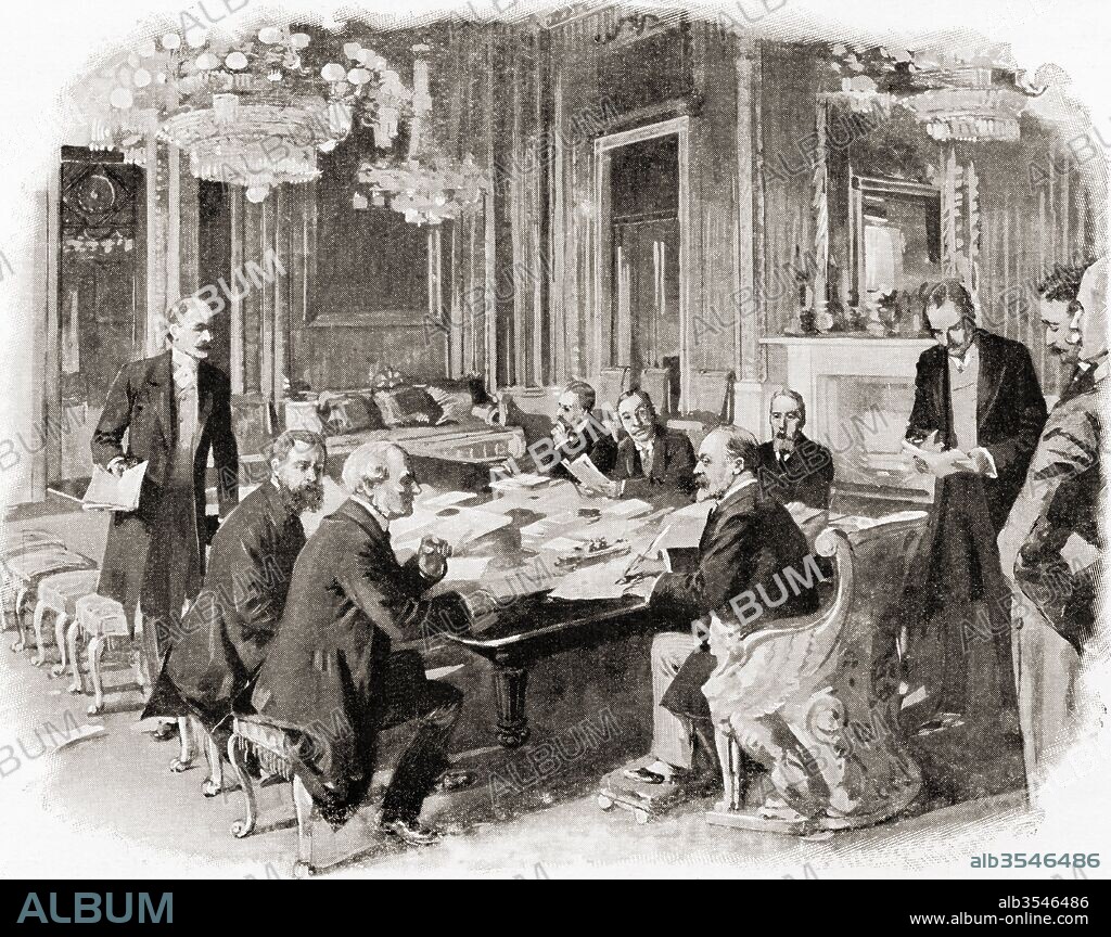 King Edward VII at a privy council meeting at Buckingham Palace, London, England in the late 19th century. Edward VII, 1841 – 1910. King of the United Kingdom. From Living London, published c.1901.