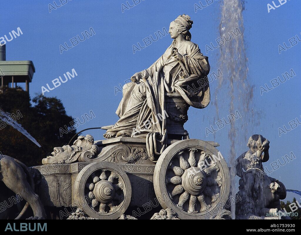 Fountain of Cibeles by Francisco Gutierrez (1727-1782) (the goddess and the chariot). According to the design of Ventura Rodri_guez (1717-1785). Cybele in her chariot drawn by lions. Madrid. Spain.