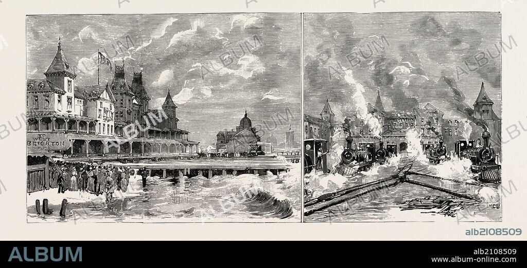 MOVING THE BRIGHTON BEACH HOTEL, CONEY ISLAND, NEW YORK, FRONT VIEW OF THE HOTEL, SHOWING THE POSITION FROM WHICH IT HAS BEEN MOVED BACK, VIEW OF THE HOTEL, WITH THE LOCOMOTIVES HAULING ON THE CABLES, US, USA, America, United States, 1888 engraving.
