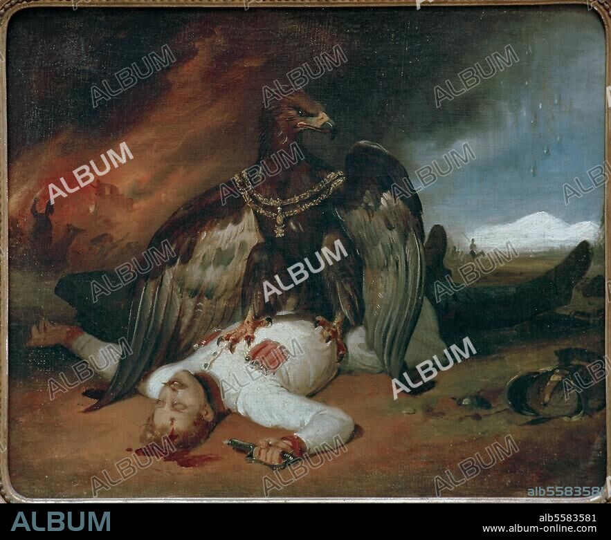 Polnische Revolution 1830/31. "Le Promethée polonais" (Der polnische Prometheus, Personifikation der Aufständischen, in d. Fängen des Adlers, Wappentier des zaristischen Rußland). Gemälde, 1831, von Horace Vernet (1789-1863). Öl auf Leinwand, 35 × 45 cm. Société Hist. et Litt. Polonaise, Paris.