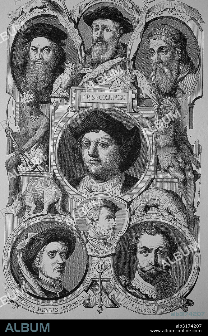 Conquerors and explorers: sebastian cabot, ferdinand magellan, amerigo vespucci, christopher columbus, francis drake, prins henrik sofar, historical woodcut, circa 1865.