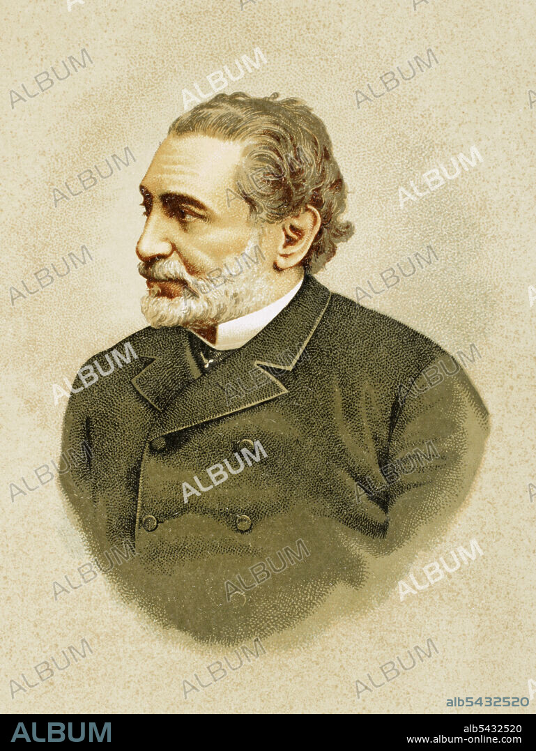 Práxedes Mateo Sagasta (1825-1903). Político español. Jefe del Partido Liberal-Progresista. Presidente del Consejo de Ministros en diversas ocasiones entre 1870 y 1902. Retrato. Cromolitografía. Historia General de España, por Miguel Morayta. TomoVIII. Madrid, 1894.