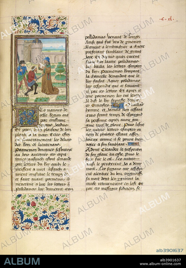 MASTER OF THE JARDIN DE VERTUEUSE CONSOLATION AND ASSISTANT. The Death of Parmenion. Date/Period: Ca. 1470 - 1475. Folio. Tempera colors, gold leaf, gold paint, and ink on parchment. Height: 432 mm (17 in); Width: 330 mm (12.99 in).