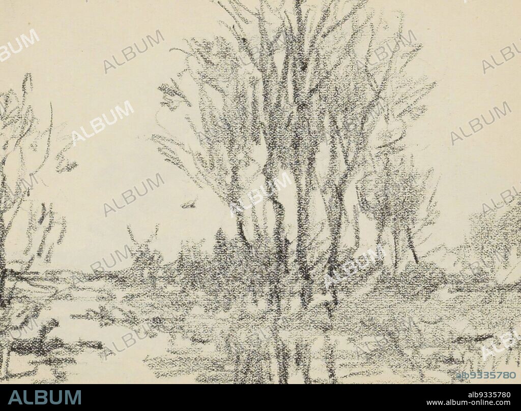In the background a mill. Sheet 2 verso and 3 recto from a sketchbook with 41 sheets, Trees on a waterfront., Willem Cornelis Rip, 1914 - 1916.