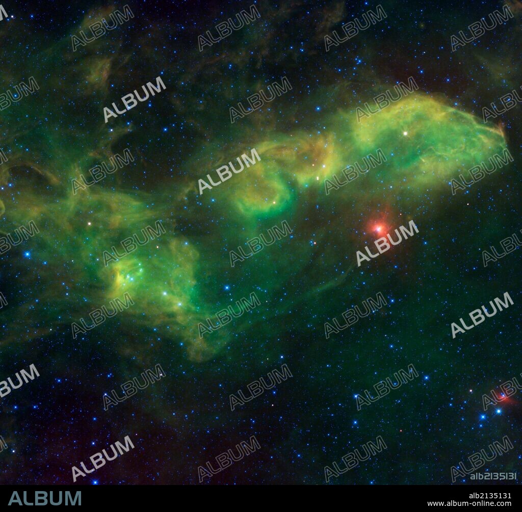 Jabbah is the name of the bright star right of center, surrounded by a red colored dust cloud. It is a whole system of stars. WISE. (Photo by: Universal History Archive/UIG via Getty Images).