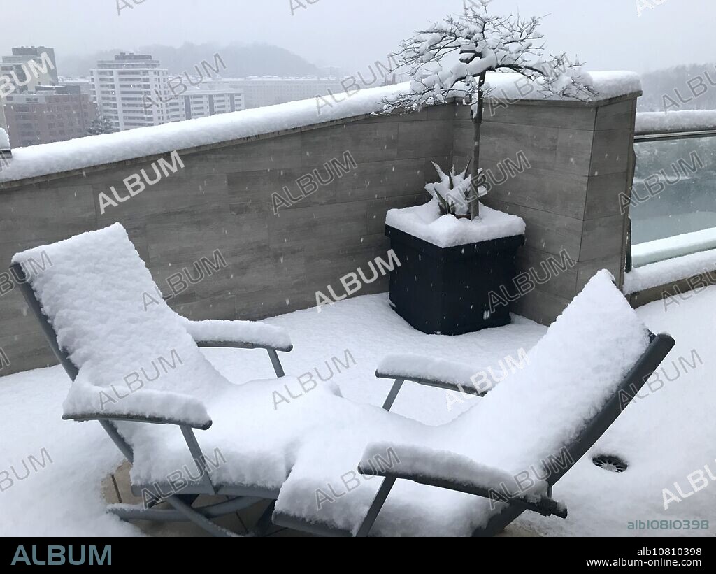 Snowy terrace, Donostia, San Sebastian, Gipuzkoa, Basque Country, Spain , Europe.