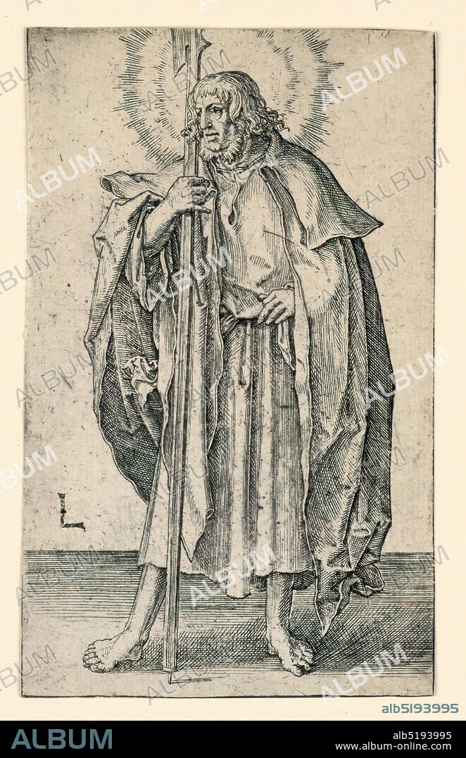 St. Matthew, Lucas van Leyden, Netherlandish, ca. 14941533, Engraving on paper, A full-length figure of the saint, standing, facing the spectator, the head turned sharply to the left. His left hand is on his hip, the right hand holds a halberd. The monogram of the artist, 'L,' appears at lower left., Netherlands, ca. 1511, Print, Print.