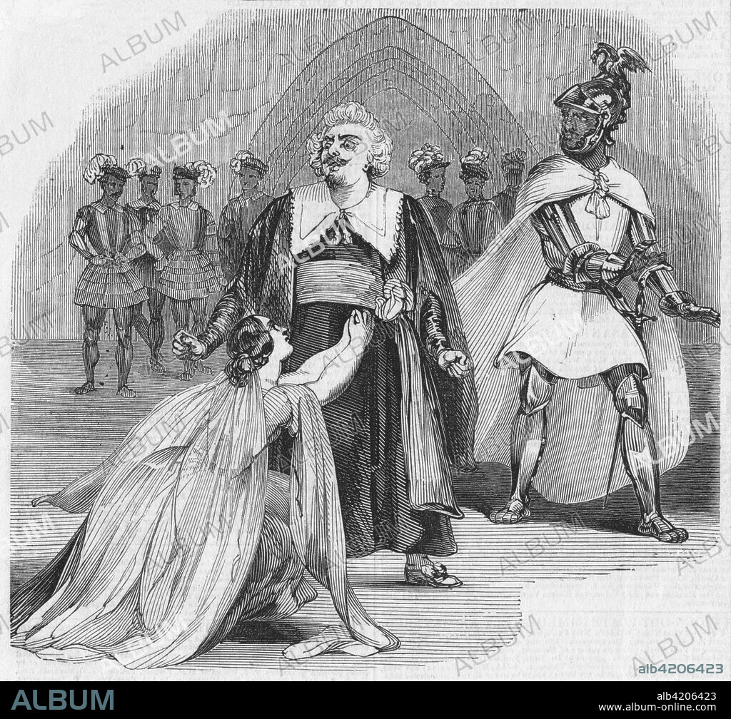 'Scene from the Opera of "Otello", at Her Majesty's Theatre', 1900. The Doge (Elmiro) denunciating his daughter (Desdemona) - scene from Giuseppe Verdi's opera, based on William Shakespeare's play, "Othello", on the London stage. From the "Illustrated London News", [1900].