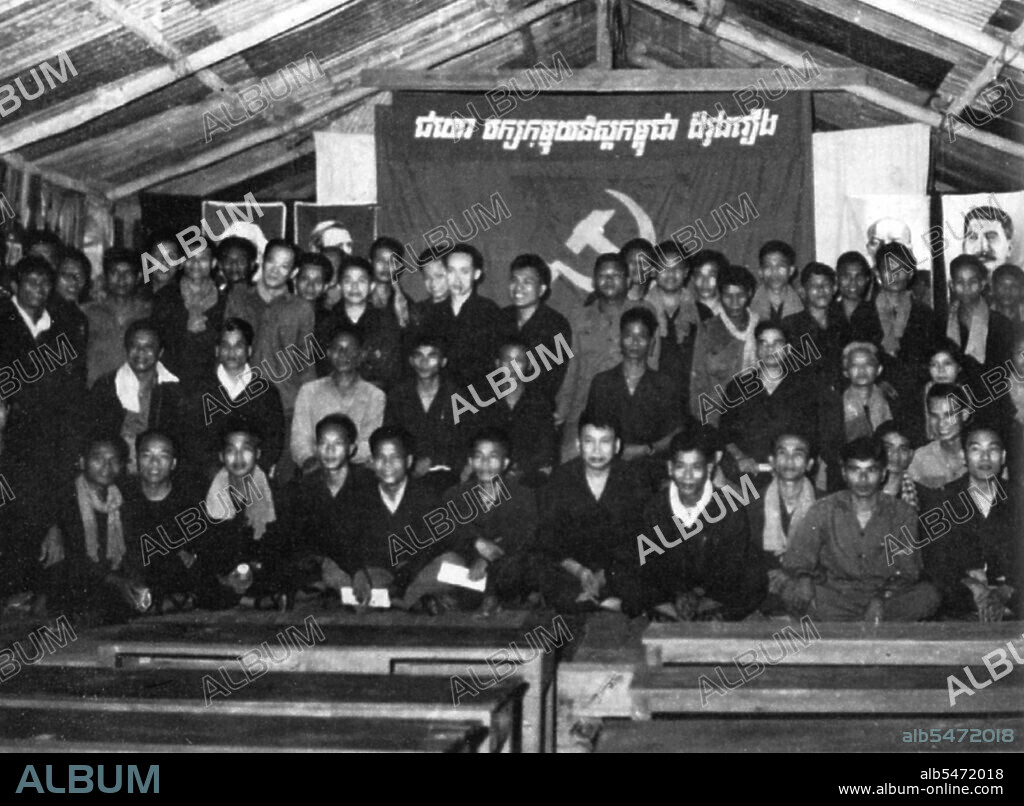The Communist Party of Kampuchea's Third Congress, Kompong Thom Province, 1971. Pol Pot sits cross-legged in the centre of the front row, while portraits of Marx, Engels, Lenin and Stalin hang on the walls. The Khmer Rouge, or Communist Party of Kampuchea, ruled Cambodia from 1975 to 1979, led by Pol Pot, Nuon Chea, Ieng Sary, Son Sen and Khieu Samphan. It is remembered primarily for its brutality and policy of social engineering which resulted in millions of deaths. Its attempts at agricultural reform led to widespread famine, while its insistence on absolute self-sufficiency, even in the supply of medicine, led to the deaths of thousands from treatable diseases (such as malaria). Brutal and arbitrary executions and torture carried out by its cadres against perceived subversive elements, or during purges of its own ranks between 1976 and 1978, are considered to have constituted a genocide. Several former Khmer Rouge cadres are currently on trial for war crimes in Phnom Penh.