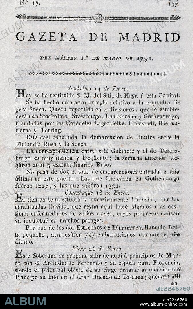 PRENSA ESPAÑOLA. SIGLO XVIII. "GACETA DE MADRID". Número 17 (martes 1 de marzo de 1791). En la Imprenta Real.