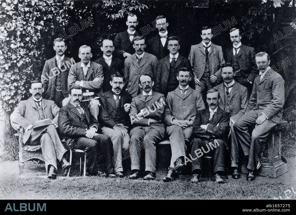 Cavendish Laboratory, Cambridge, England: research students, 1898. J(oseph) J(ohn) Thomson (1856-1940) is in the centre of the front row with his arms crossed. In the middle row are C(harles) T(homson) R(ees) Wilson and Ernest Rutherford (1871-1937), 3rd and 4th from left respectively. From "Recollections and Reflections" by JJ Thomson (London, 1936).  (Photo by: Universal History Archive/UIG via Getty Images).