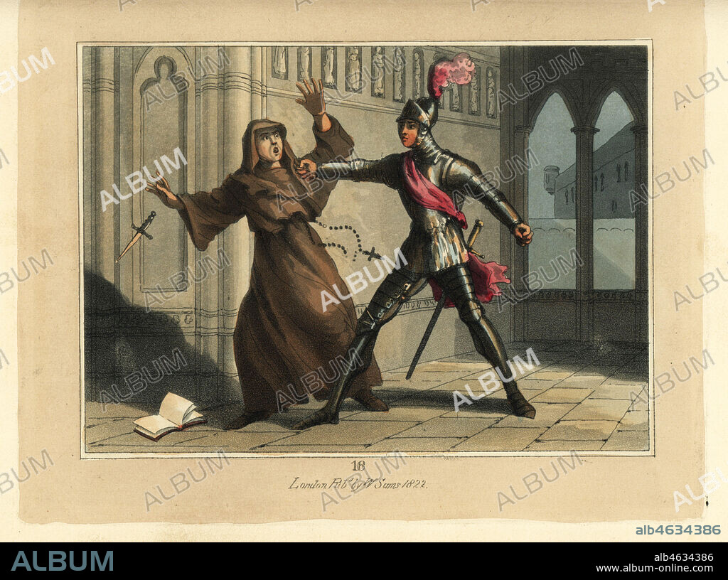 Medieval knight in suit of armour punching a monk with a knife. Sir Ethelbert fighting Alan disguised as a monk. Handcoloured copperplate engraving after an illustration by Thomas Rowlandson from The Tournament, or Days of Chivalry, William Sams, London, 1823.