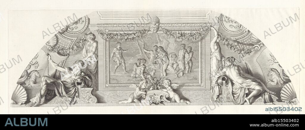 Paris, Duchange, Gaspard, Lesueur, Eustache, Picart, Bernard, Duflos, Claude Augustin, The paintings of Charles le Brun and Eustache The Sueur who is in the house of President Lambert, Diana and Actaeon, stamped verso, Grisaille, with the representation of the hunter Actaeon, who finds Diana and her nymphs bathing, in the corner of the ceiling of the Chambre des Bains in the Hôtel Lambert. The representation is flanked by a river god and a river goddess, each with a water jug. Around the representation are ornaments and in the middle below two putti with coral. Print is part of a series of prints after the paintings in the Hôtel Lambert in Paris., print, prints, height 264 mm, width 675 mm, 1700-05-10 - 1786-02-27, print maker, printmaker, 1740 - 1740, first quarter 18th century, second quarter 18th century, paper, etching, etchings, engraving, engraving (printing process), Northern Netherlands, 1673-06-11 - 1733-05-08, supervision, French, 1617-11-19 - 1655-04-30, after, after painting by, Publication (Event), Publication, 1662-04 - 1757-01-06, publisher.
